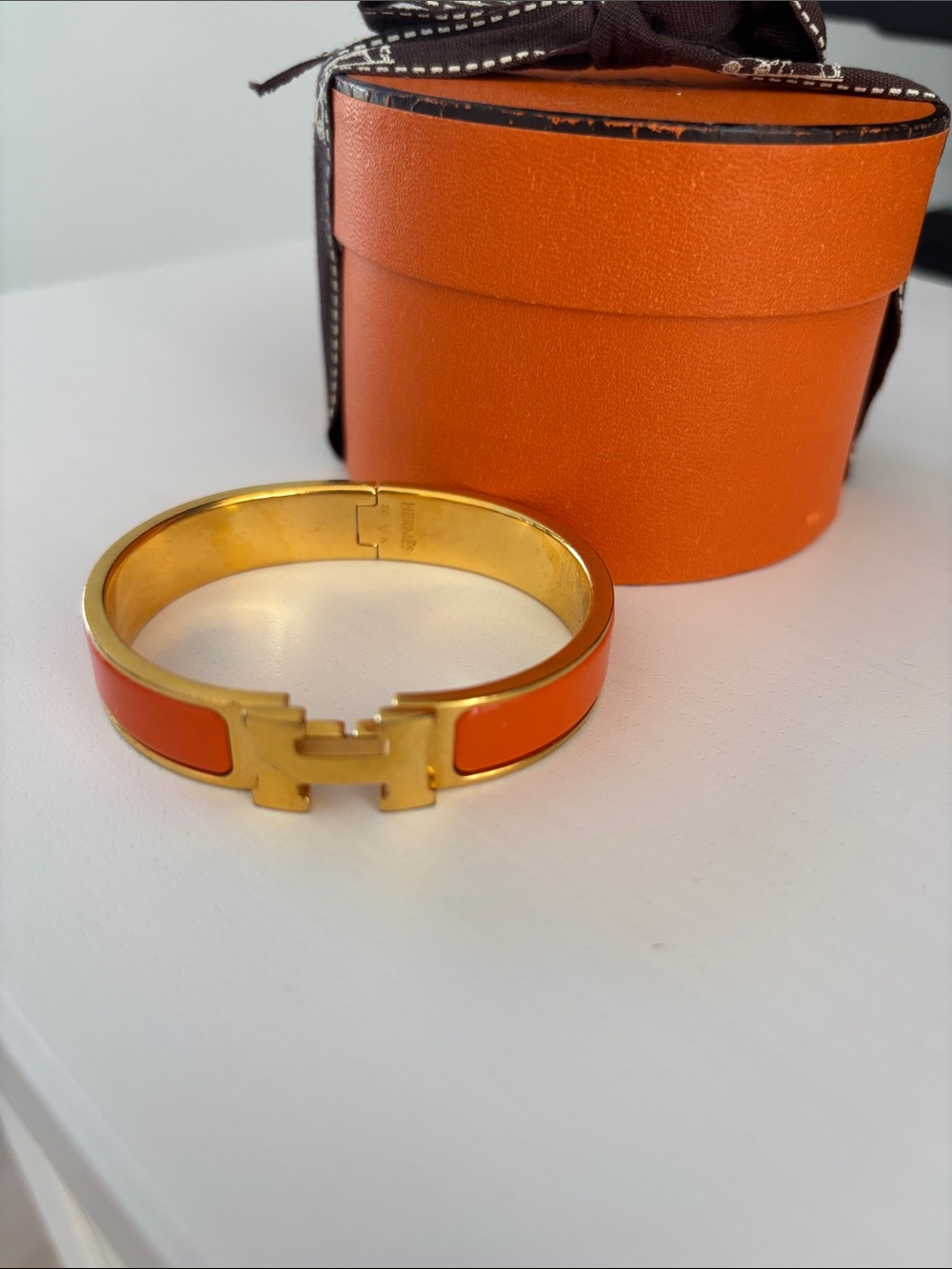 Authentic Hermes Orange Enamel H Bracelet with Gold Hardware - Picture 3 of 6